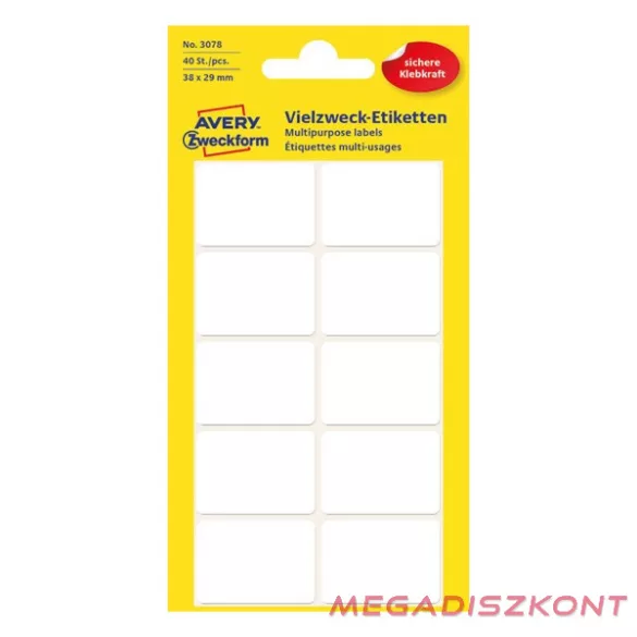 Etikett AVERY 3078 38x29 mm fehér univerzális 40 címke/doboz 5 ív/doboz
