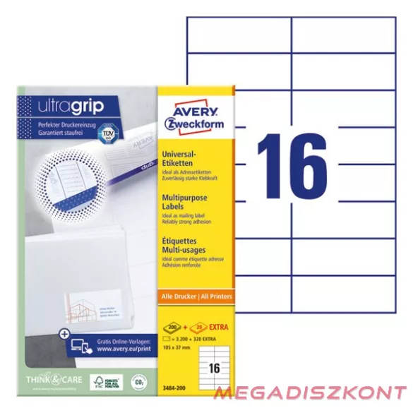 Etikett AVERY 3484-200 105x37 mm fehér univerzális 3520 címke/doboz 200+20 ív/doboz