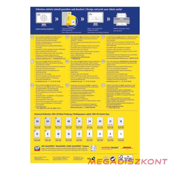 Etikett AVERY 3424-200 105x48 mm univerzális fehér 2640 címke/doboz 200+20 ív/doboz