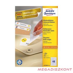   Etikett AVERY L4736REV-100 45,7x21,2 mm univerzális visszaszedhető 4800 címke/doboz 100 ív/doboz
