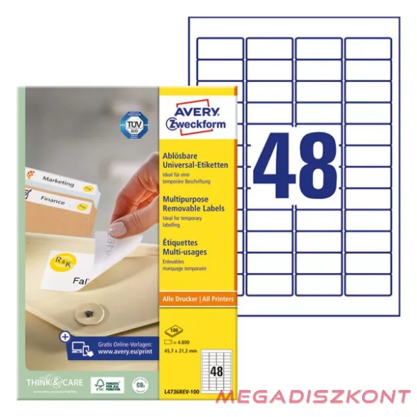 Etikett AVERY L4736REV-100 45,7x21,2 mm univerzális visszaszedhető 4800 címke/doboz 100 ív/doboz