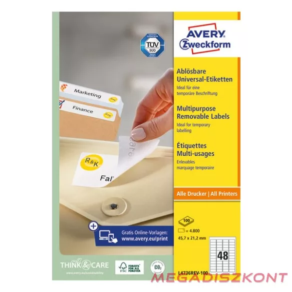 Etikett AVERY L4736REV-100 45,7x21,2 mm univerzális visszaszedhető 4800 címke/doboz 100 ív/doboz