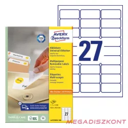   Etikett AVERY L4737REV-100 63,5x29,6 mm univerzális visszaszedhető 2700 címke/doboz 100 ív/doboz