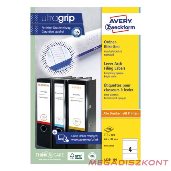 Etikett AVERY L4761-100 192x61 mm fehér iratrendezőcímke 400 címke/doboz 100 ív/doboz