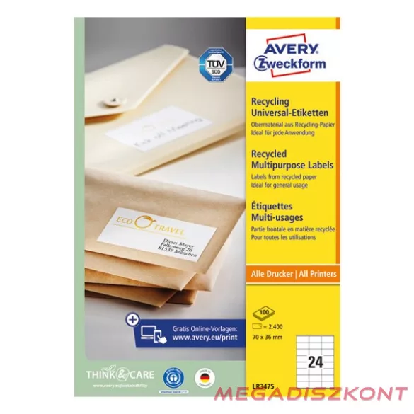 Etikett AVERY LR3475 70x36 mm környezetbarát 2400 címke/doboz 100 ív/doboz
