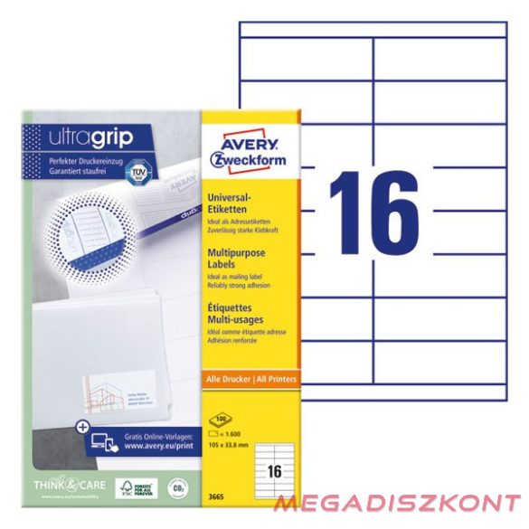 Etikett AVERY 3665 105x33,8 mm fehér univerzális 1600 címke/doboz 100 ív/doboz