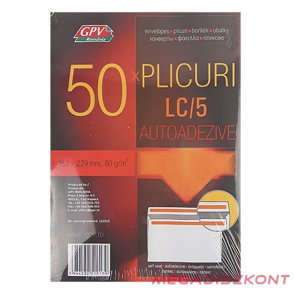 Boríték GPV LC/5 öntapadós bélésnyomott 162x229mm 50 darabos
