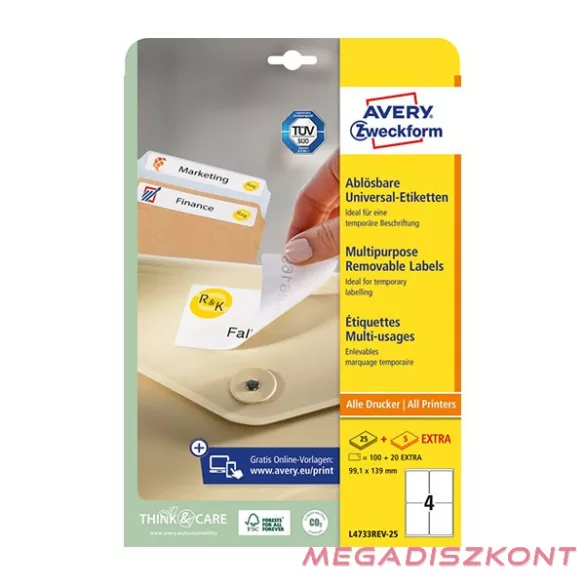 Etikett AVERY L4733REV-25 99,1x139 mm univerzális visszaszedhető 30 lapos