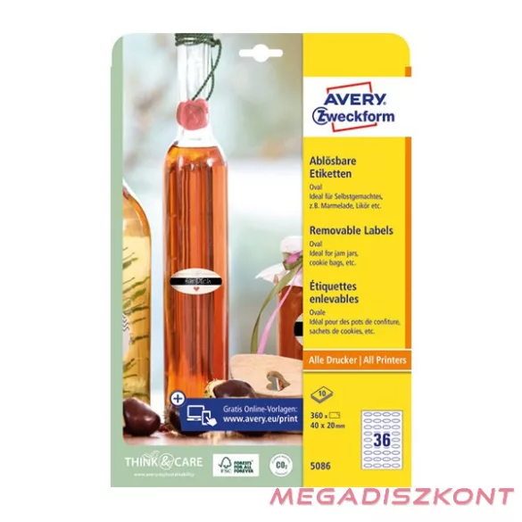 Etikett AVERY L5086  40x20mm ovális visszaszedhető 10 íves