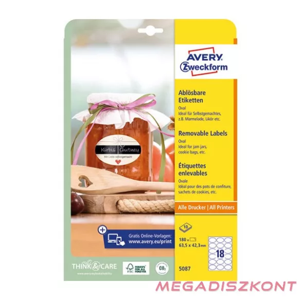 Etikett AVERY L5087  63,5x42,3 mm ovális visszaszedhető 10 lapos