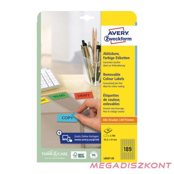 Etikett AVERY L6037-20 25,4x10 mm univerzális visszaszedhető sárga 20 íves