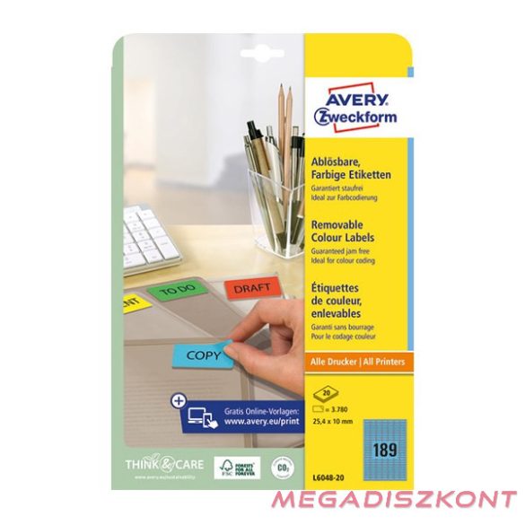 Etikett AVERY L6048-20 25,4x10 mm univerzális visszaszedhető kék 20 íves