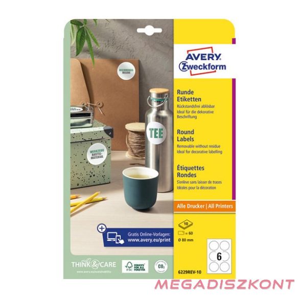 Etikett AVERY L6229REV-10  80mm univerzális kör visszaszedhető 10 íves