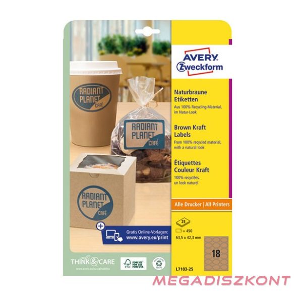 Etikett AVERY L7103-25 63,5x42,3 mm környezetbarát ovális barna kraft 25 íves
