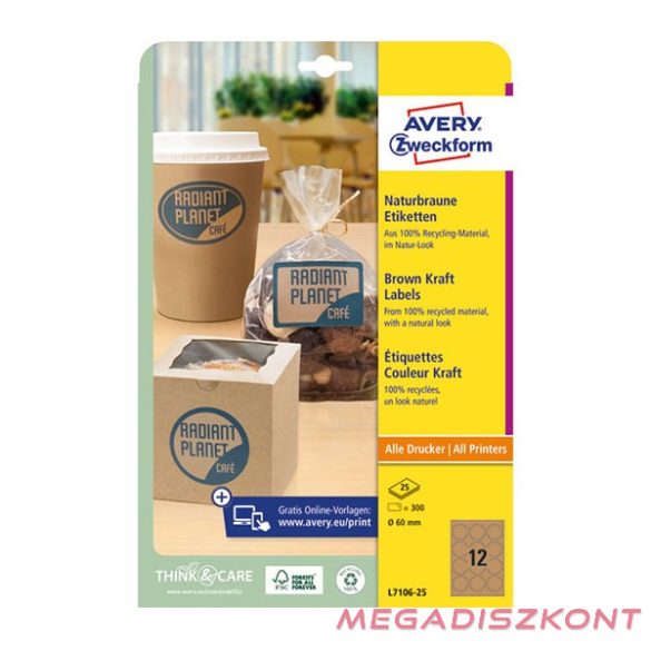 Etikett AVERY L7106-25 60 mm környezetbarát kör barna kraft 25 íves