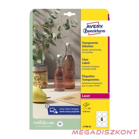 Etikett AVERY L7788-25 80 mm víztiszta átlátszó kör 25 íves