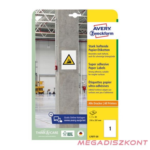 Etikett AVERY L7877-20 210x297 mm szuper öntapadó 20 íves