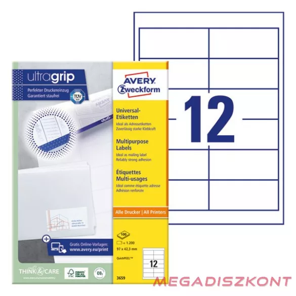Etikett AVERY 3659 97x42,3mm univerzális fehér 1200 címke/doboz 100 ív/doboz