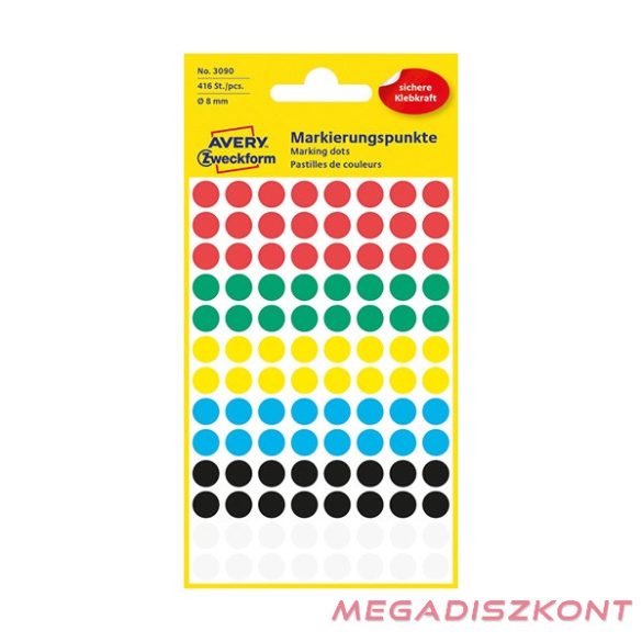 Etikett AVERY 3008 öntapadó jelölőpont vegyes 6 szín 8mm 416 jelölőpont/csomag