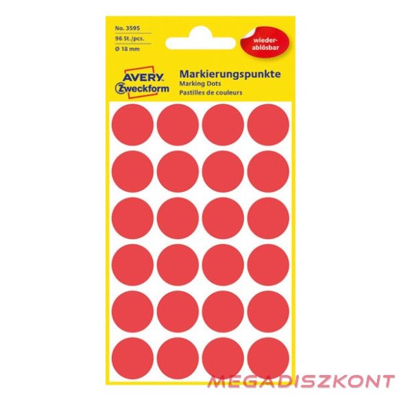 Etikett AVERY 3595 öntapadó jelölőpont piros 18mm 96 jelölőpont/csomag