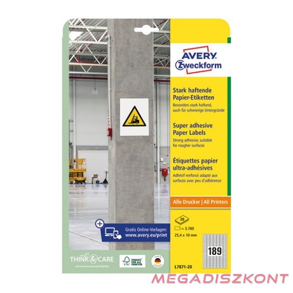 Etikett AVERY L7871-20 25,4x10 mm szuper öntapadó 20 ív/csomag