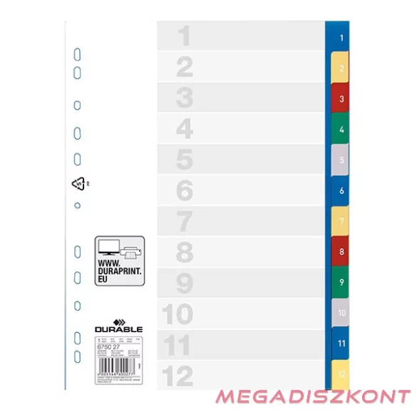 Regiszter DURABLE műanyag A/4 1-12 számos-színes