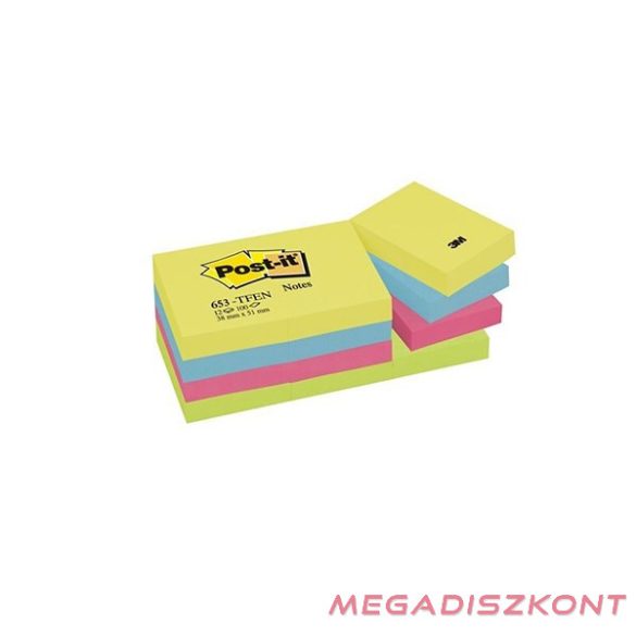 Öntapadós jegyzettömb 3M Post-it 38x51mm energikus színek 12x100 lapos