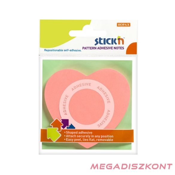 Öntapadós jegyzettömb STICK'N 70x70mm 360°-ban tapadó szív forma rózsaszín 50 lap