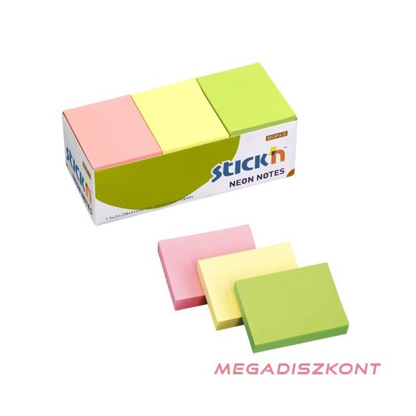 Öntapadós jegyzettömb STICK'N 38x51mm neon mix 3x4x100 lap