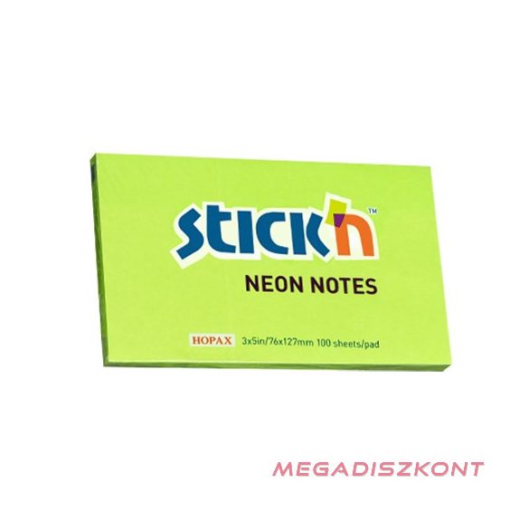 Öntapadós jegyzettömb STICK'N 76x127mm neon zöld 100 lap