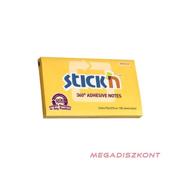 Öntapadós jegyzettömb STICK'N 76x127mm 360°-ban tapadó narancs 100 lap