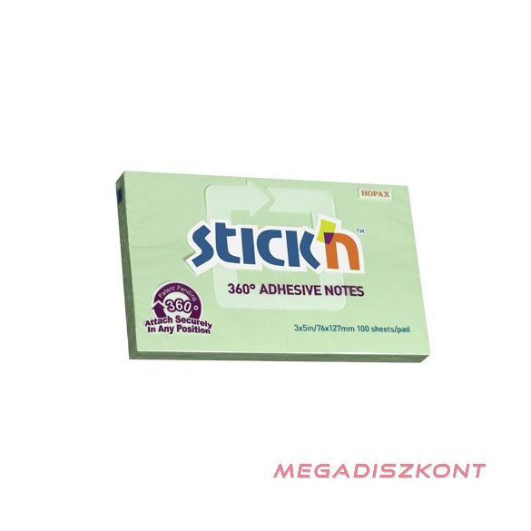 Öntapadós jegyzettömb STICK'N 76x127mm 360°-ban tapadó zöld 100 lap