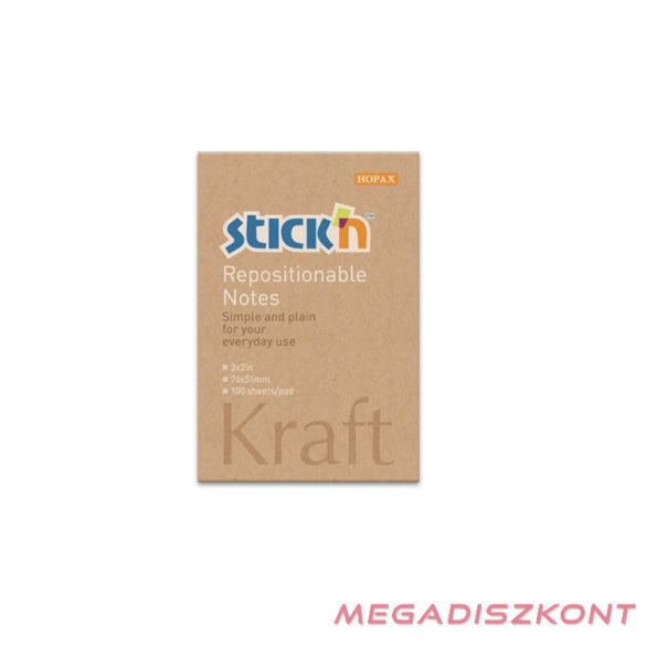 Öntapadós jegyzettömb STICK'N Kraft notes 76x51mm újrahasznosított natúr barna 100 lap