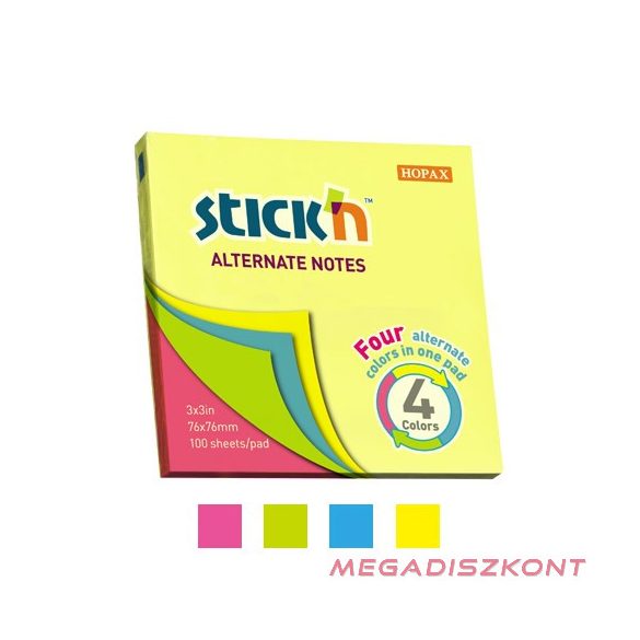 Öntapadós jegyzettömb STICK'N 76x76mm neon mix 100 lap