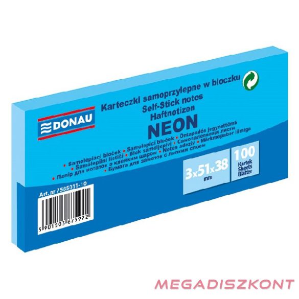 Öntapadós jegyzettömb DONAU 38x51 mm 3x100 lap neon kék