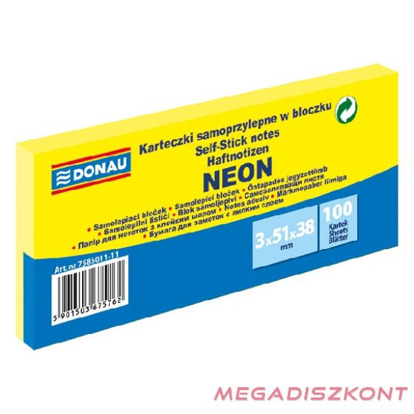Öntapadós jegyzettömb DONAU 38x51 mm 3x100 lap neon sárga
