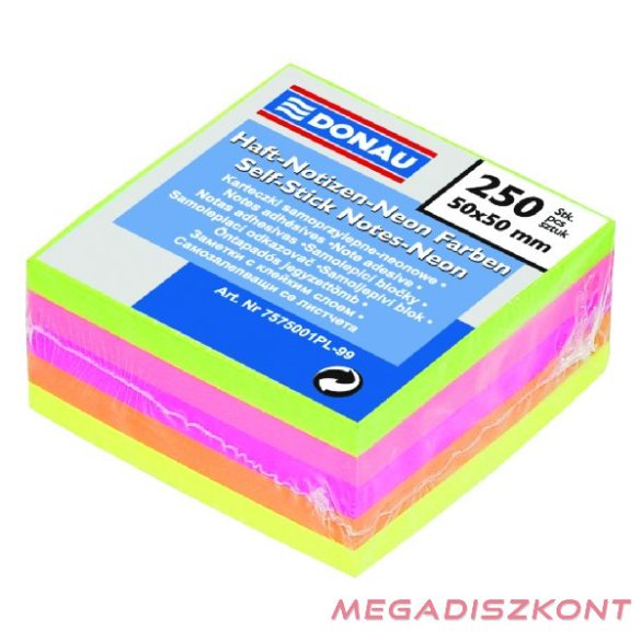 Öntapadós jegyzettömb DONAU 50x50 mm 250 lap vegyes neon színek