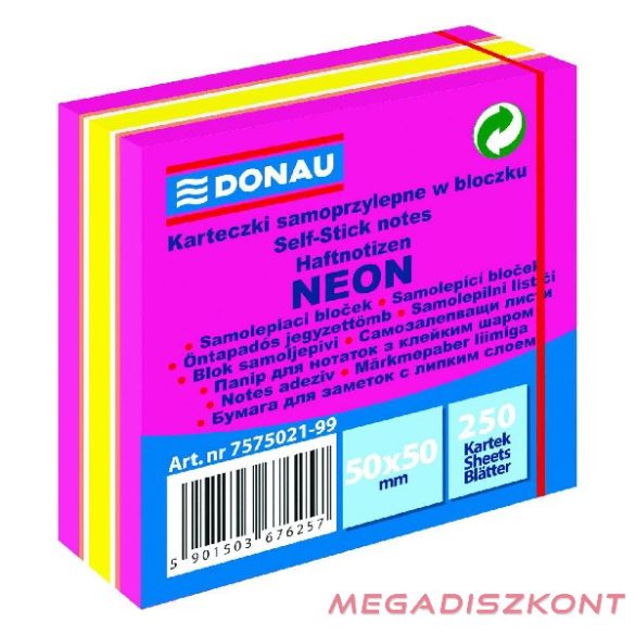 Öntapadós jegyzettömb DONAU 50x50 mm 250 lap vegyes neon színek rózsaszín