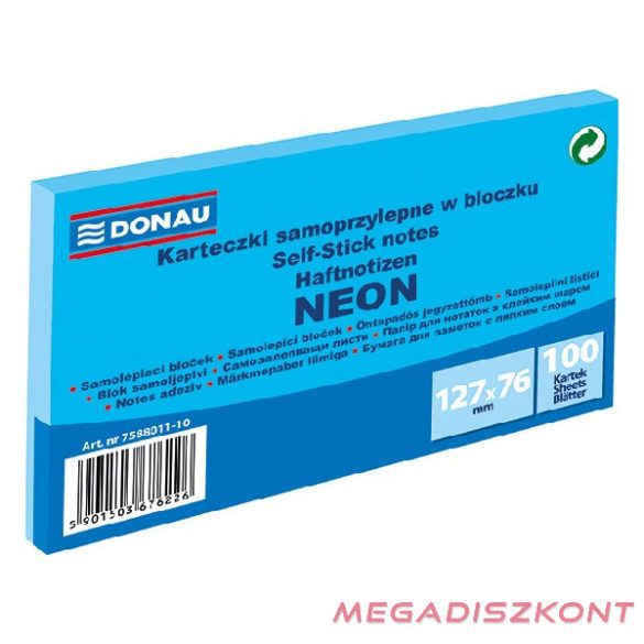 Öntapadós jegyzettömb DONAU 76x127 mm 100 lap neon kék