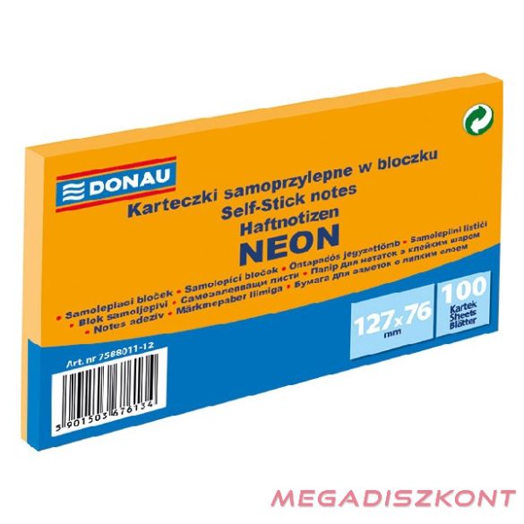 Öntapadós jegyzettömb DONAU 76x127 mm 100 lap neon narancssárga