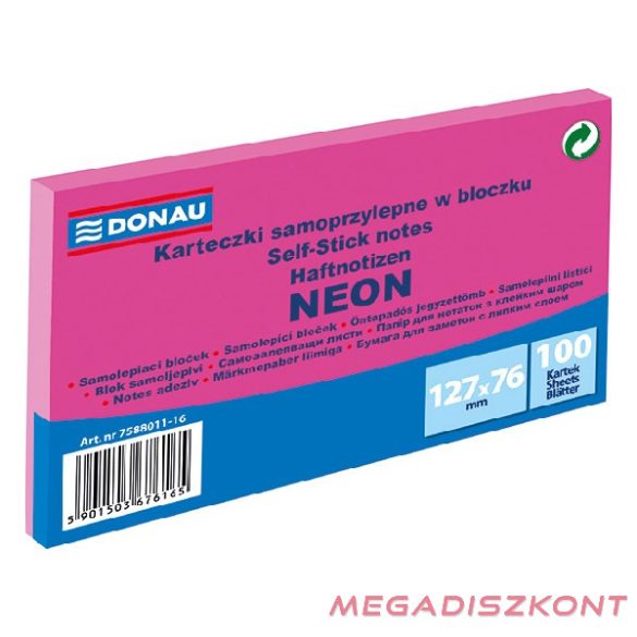 Öntapadós jegyzettömb DONAU 76x127 mm 100 lap neon rózsaszín