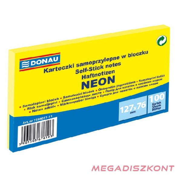 Öntapadós jegyzettömb DONAU 76x127 mm 100 lap neon sárga