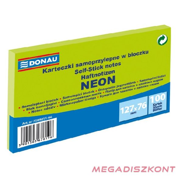 Öntapadós jegyzettömb DONAU 76x127 mm 100 lap neon zöld