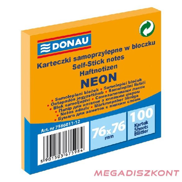 Öntapadós jegyzettömb DONAU 76x76 mm 100 lap neon narancssárga