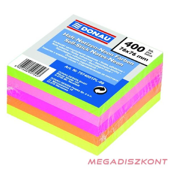 Öntapadós jegyzettömb DONAU 76x76 mm 400 lap vegyes neon színek