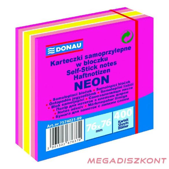 Öntapadós jegyzettömb DONAU 76x76 mm 400 lap vegyes neon színek rózsaszín