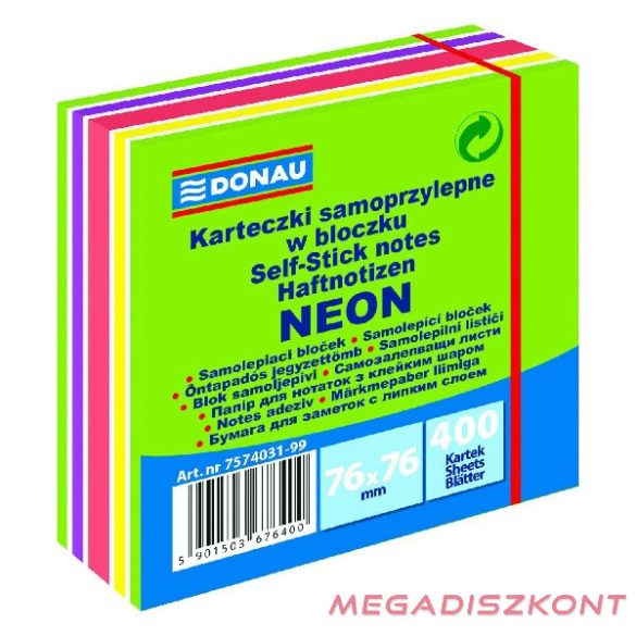 Öntapadós jegyzettömb DONAU 76x76 mm 400 lap vegyes neon színek zöld