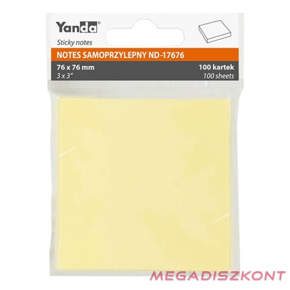 Öntapadós jegyzettömb YANDA 76x76 mm 100 lap sárga