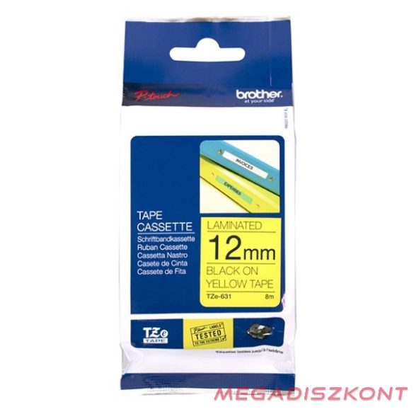 Feliratozó szalag BROTHER TZe-631 12mmx8m laminált sárga alapon fekete írásszín