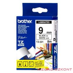   Feliratozó szalag BROTHER TZe-221 9mmx8m laminált fehér alapon fekete írásszín